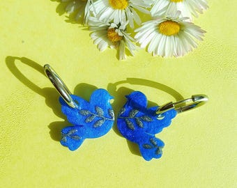 Blue hoop earrings - Resin bird charms - Spring - Gift for women