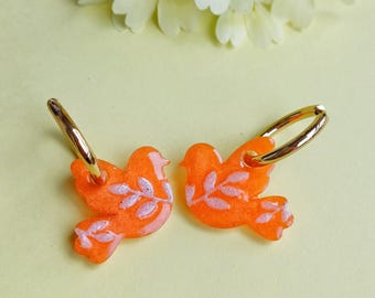 Orange hoop earrings - Resin bird charms - Spring - Gift for women