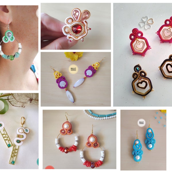 Petites Boucles d'oreilles, Bijoux de printemps, Bijoux colorés brodés à la soutache, Bague réglable, Promotion