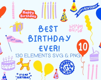 Birthday SVG PNG Bundle, 130 Elements for Cricut, Commercial Use (Digital Download)