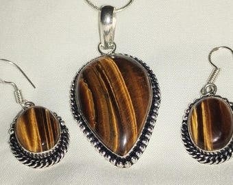 Tiger's Eye Sterling Silver Necklace and Earrings Set