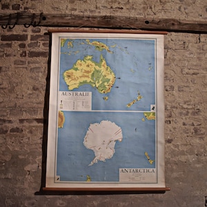 Vintage 60's Dutch Pull Down School Chart Poster Australia & Antartide Educational Land Chart Wall Map Geografia