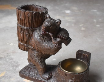 Antique Vintage Early 1900s Black Forest Schwarzwalder Folk Art Hand Carved Wooden Bear Ashtray Cabin Lodge Ranch Deco Curiosity