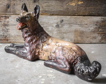 Antique Vintage 20&#39;s French Plaster Shepherd Dog Statue with Patina Brown Cabin Lodge Decor