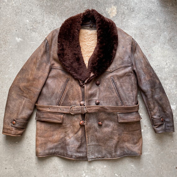 Vintage 50s 1950s French Leather Barnstormer Canadienne Mackinaw Ranch Coat Sheepskin Lining Brown Rugged Style Winter Jacket Roots Revived Etsy Canada
