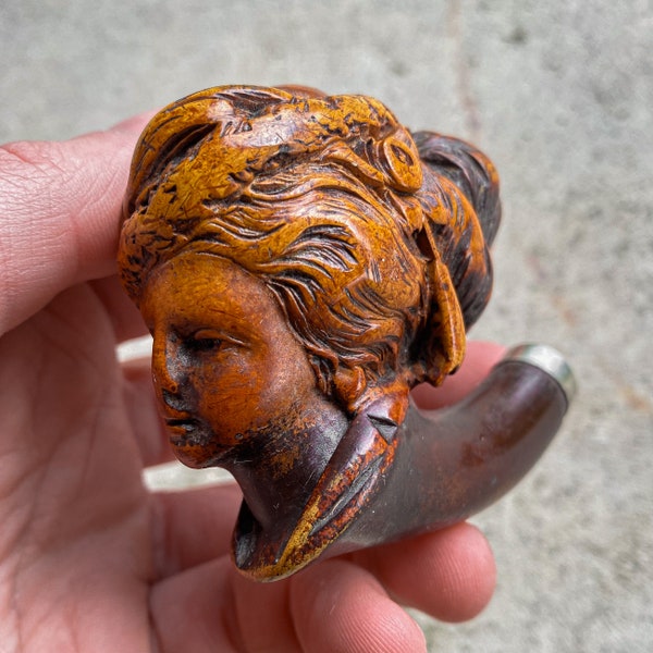 Antique Vintage 19th Century 1800s French Meerschaum Tobacco Pipe Womans Face Head Curiosity Decor Gift Collection Sepiolite