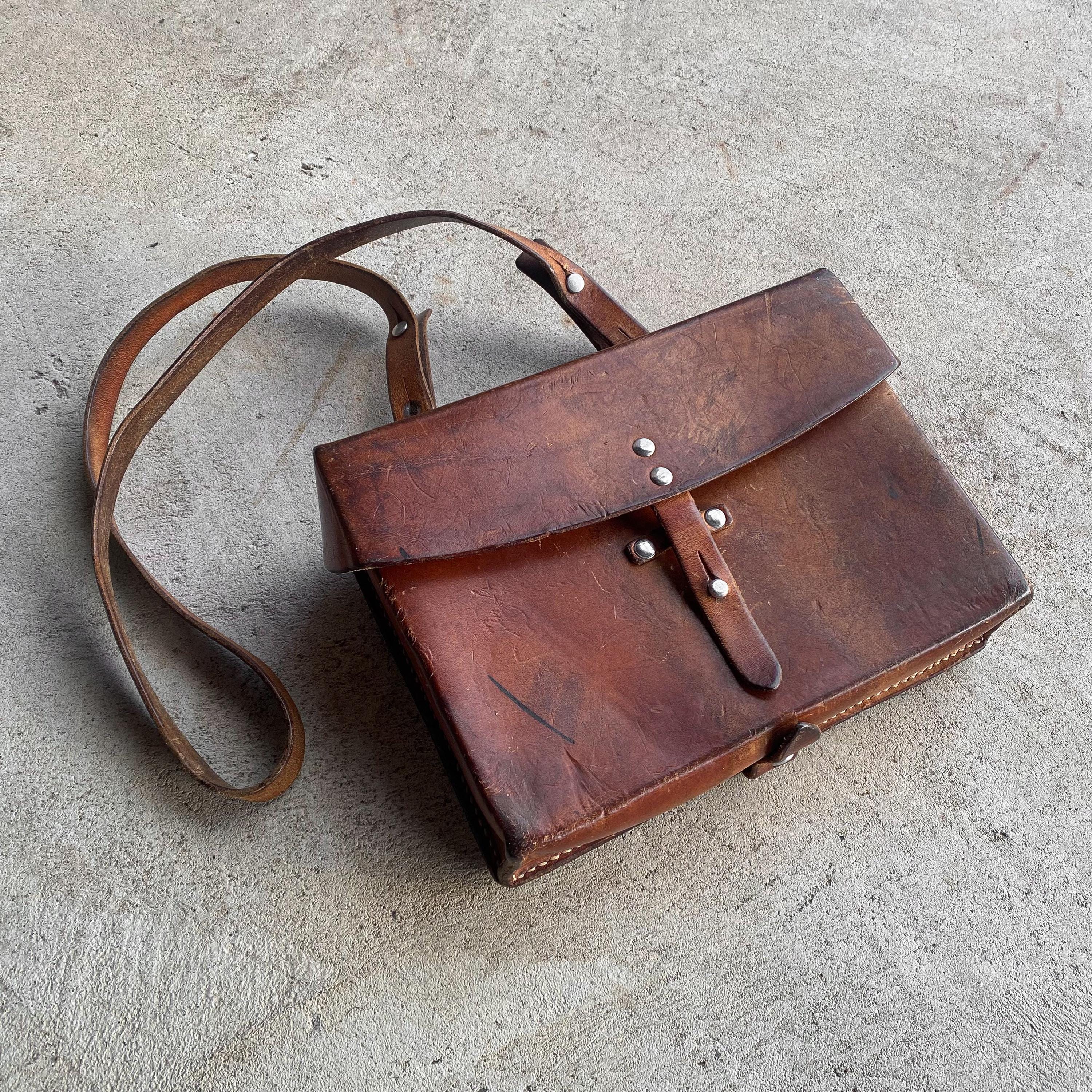Vintage 70s WWII Swiss Army Military Saddle Leather Shoulder Map Chart Bag Case Brown Rugged Style Mens Gift Decor Gear