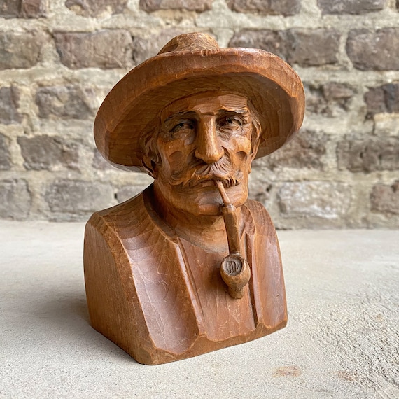 tobacco bust Antique Vintage 30's 1930's Black Forest Schwarzwalder Folk Art Wooden  Carving Bust Man Moustache Smoking Tobacco Pipe Curiosity Cabin Decor