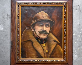 Antique Vintage 20s Oil Painting Portrait WWI Belgian Soldier Uniform Helmet Moustache Barber Shop Man Cave Decor Wooden Gold Frame