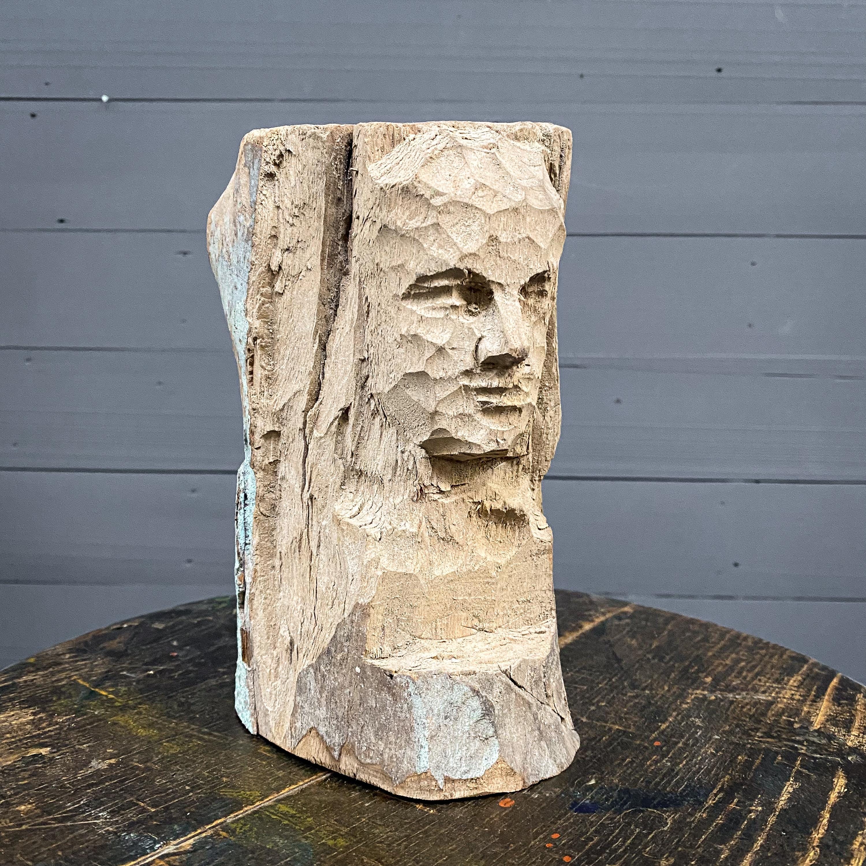 Vintage Brocante 50's Hand Carved Wooden Bust Sculpture Carving Head Statue Curiosity Decor Rustic Robust