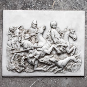 Antique Vintage 19th Century 1800s Alabaster Haut Relief Hunting Scene Stone Carving Decor Collection Free Shipping