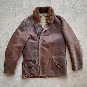 Vintage 50s 1950s Brown Leather Ranch Jacket Coat Sheep Shearling Fur Lining Collar Rugged Style
