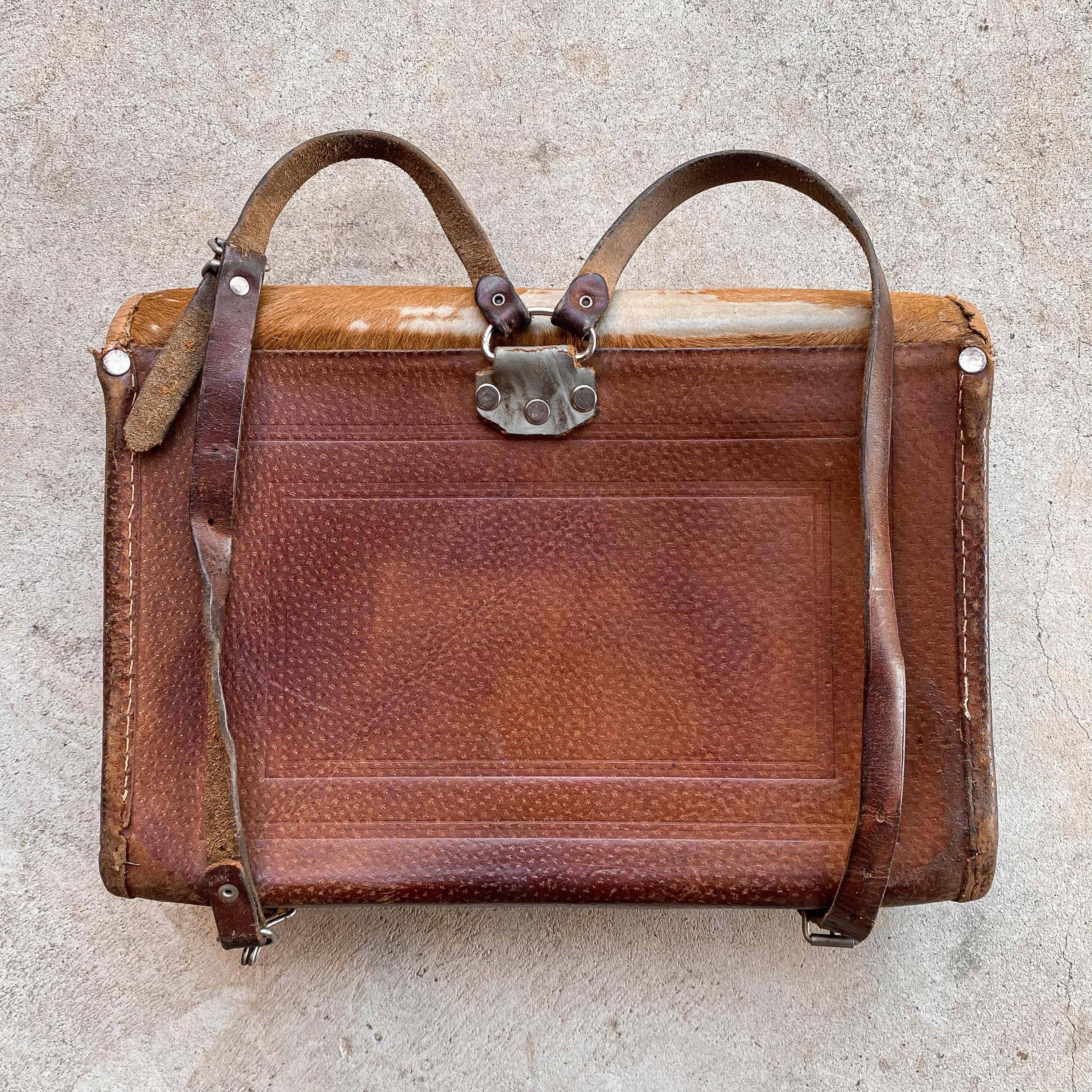 Antique Vintage 1920s 20s French Leather Cowhide School Bag