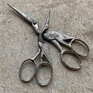 May include: A pair of vintage silver scissors with a bird design. The scissors have a detailed bird motif on the handles and blades, with a pointed tip. The scissors are lying on a concrete surface.