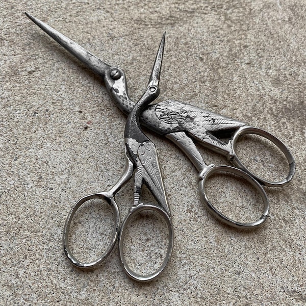 Antique Vintage Early 1900s French Embroidery Sewing Scissors Stork Shaped Art Nouveau Victorion Decor Gift Collection
