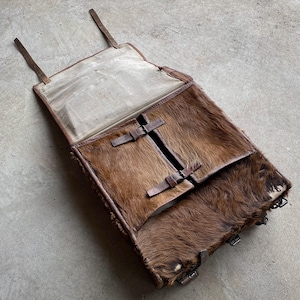 Vintage 40s 1940s WWII Swiss Army Military Cowhide Tonrister Leather Rucksack Backpack Pack Bag Rugged Style Cabin Lodge Ranch Decor