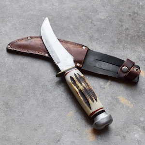 Vintage 50’s Stag Handle Skinner Bowie Hunting Knife With Leather Sheath Hiking Bushcraft Survival Camping Rugged Decor Free Shipping