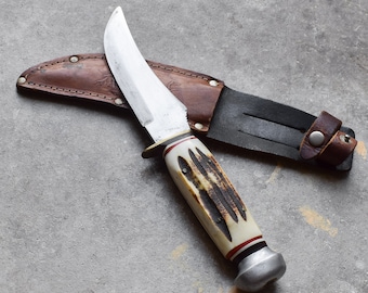 Vintage 50’s Stag Handle Skinner Bowie Hunting Knife With Leather Sheath Hiking Bushcraft Survival Camping Rugged Decor Free Shipping