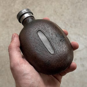 Vintage 1930s British Hip Flask, Brown Leather Covered with Pewter Cap, Hunting Whisky Accessory