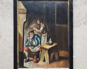 Antique vintage 19ème siècle 1800s Peinture à l’huile Panneau de chêne Pipe Fumer Hommes Taverne Inn Pub Cuisine Décor Cottage Cadre