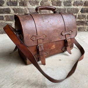 Antique Vintage Dutch 30s 1930s Leather Engineers Tool Bag Rugged Style Decor Rustic Brown Patina
