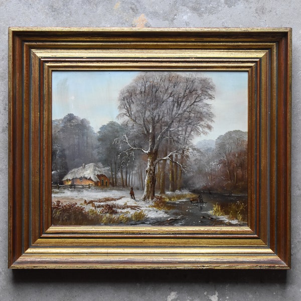 Antique Vintage Early 1900s Oil Painting Dutch Winter Scene Snow Wooden Panel Lodge Cabin Decor