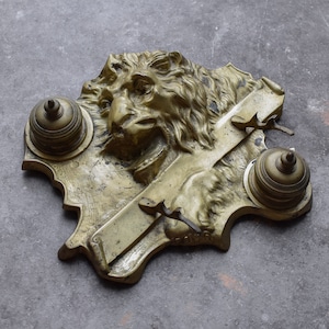 Antique Vintage Early 1900s Bronze Inkwell Lion Desk Piece Man Cave Decor Gold Coat of Arms
