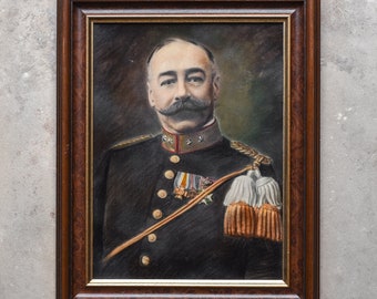 Antique vintage Début des années 1900 WWI Lieutenant-colonel belge Portrait Graphite Aquarelle Dessin Gentleman Club Barber Shop Decor