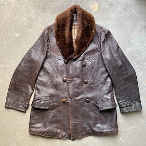 Vintage 50s 1950s French Leather Barnstormer Canadienne Coat Sheepskin Lining Brown Rugged Style Winter Jacket Roots Revived Free Shipping