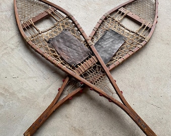 Antique Vintage 30s 1930s Traditional Native Made Snowshoes Rawhide Wooden Winters Cabin Lodge Ranch Man Cave Decor Outdoors Collection Gift