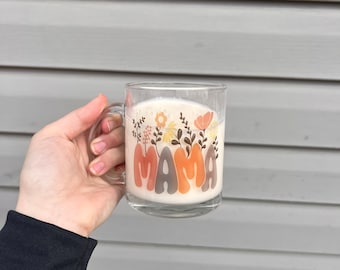Clear Mama Glass Coffee Mug, mama flowers, mama mug, clear glass mug, Mother’s Day gift, Mother’s Day present, Mother’s Day, mom life