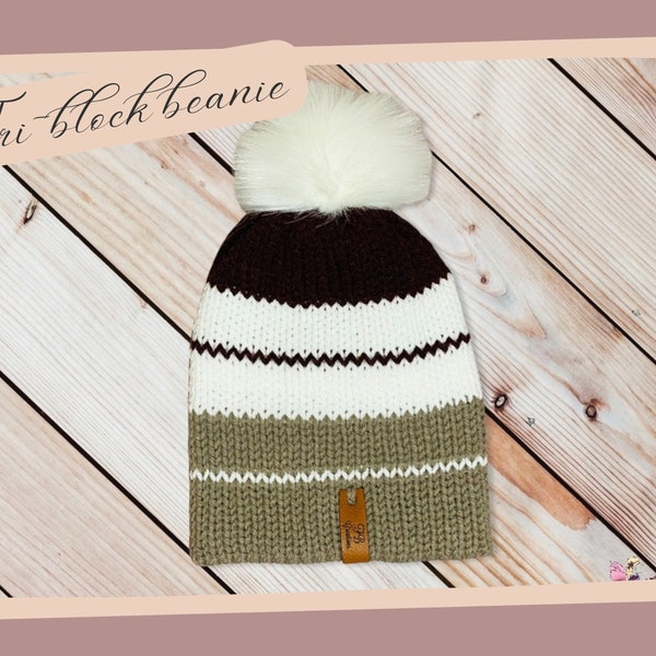 PDF pattern only--knitting machine Tri-Block beanie