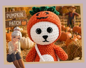 May include: A crocheted plush toy in the shape of a bear wearing a pumpkin costume. The bear is white with black eyes and nose, and the pumpkin costume is orange with green leaves. The background includes a pumpkin patch and a sign that says "Pumpkin Patch".