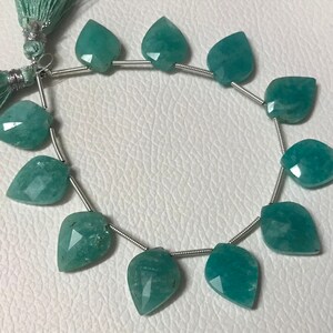 May include: Strand of faceted, teardrop-shaped Amazonite beads in shades of teal and turquoise. The beads are strung on a silver-colored wire, with a matching teal tassel at the top. These beads are ideal for jewelry making.