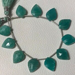 May include: Strand of faceted, teal-colored gemstone beads in a leaf shape. The beads are strung on a thin, silver-colored wire. A matching teal tassel is visible in the upper left corner. The beads are displayed on a white surface.