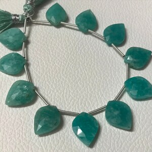 May include: Strand of faceted, teal-colored gemstone beads. Each bead is leaf-shaped and strung on a silver-colored wire. A matching teal tassel is visible at the top. The beads have a polished, translucent appearance.