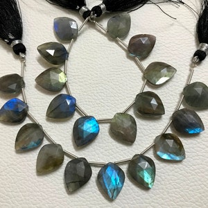 Puede incluir: Una hebra de cuentas de piedra preciosa de labradorita facetada en forma de lágrima. Las cuentas son una mezcla de gris, azul y verde con destellos iridiscentes.