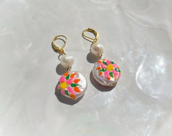 Hand painted flower white freshwater pearl dangle earrings, floral earrings, unique pearl jewelry, colourful dainty dangle earrings