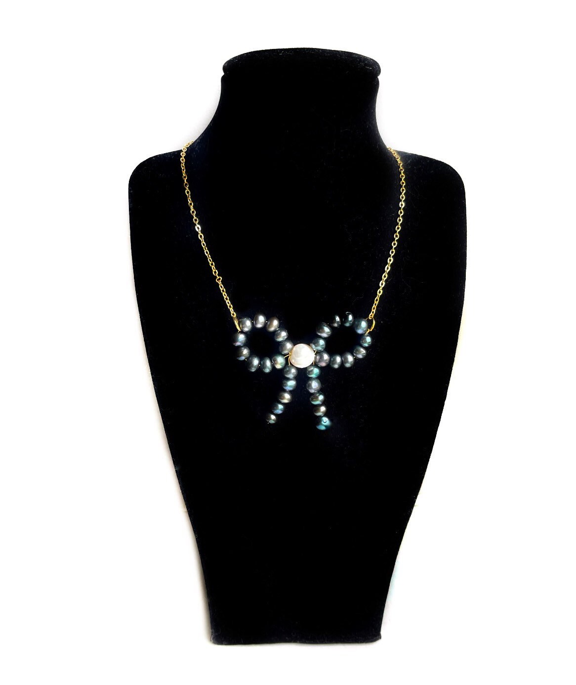 Bow Pearl Choker Necklace With Dainty Gold Chain and Blue and Etsy UK