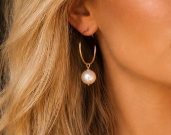 Pearl Drop Hoop Earrings, Gold Plated, Freshwater Pearl, Modern Jewelry