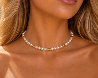 Collar de perlas de oro para novia, gargantilla de perlas para novia, collar de perlas de agua dulce para boda, joyería nupcial vintage, regalo de joyería para damas de honor