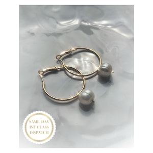 Pearl Drop Hoop Earrings, Medium Gold Plated Hoops, Natural White Freshwater Simple Pearl Hoops Gold, Modern Pearl Jewelry Gifts for Her