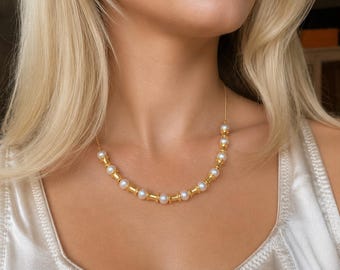 Collana a catena placcata oro, gioielli in stile vintage con perle color pesca