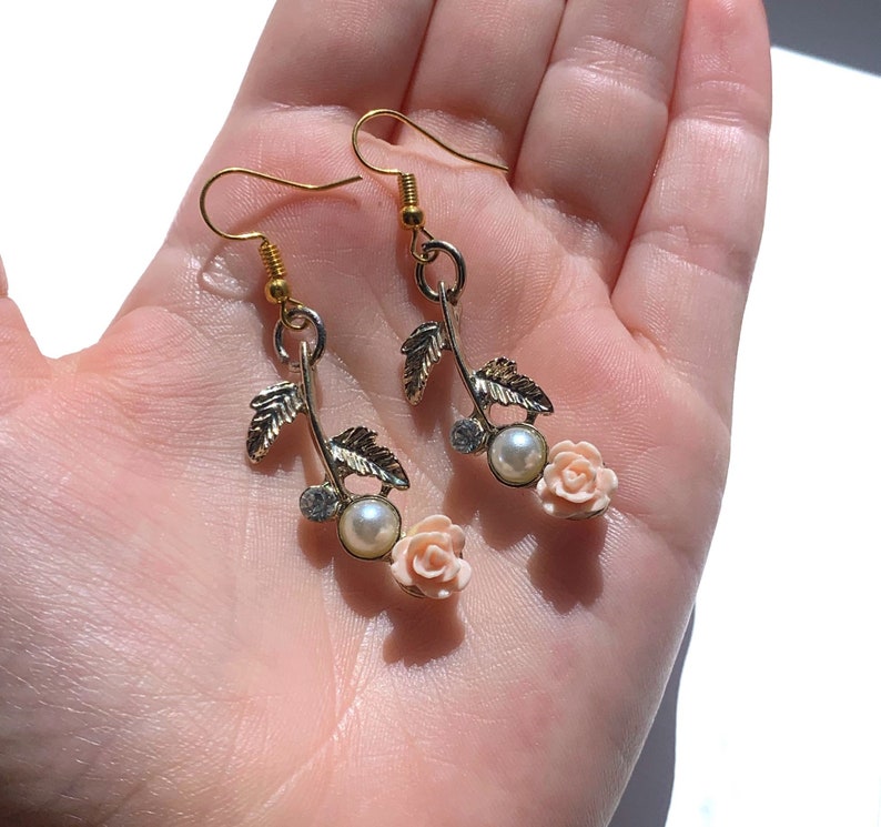 Floral dangle earrings gold flower earrings pink rose dangle Etsy