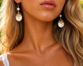 Wedding Pearl Earrings, Bridal Pearl Drop Earrings, Gold Wedding Earrings, Freshwater Pearl Earrings, Bridal Jewelry for Bride
