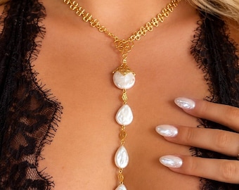 Gold Lariat Necklace, Pearl Lariat Necklace, Freshwater Pearl Y Necklace, Gold Chain Drop Necklace, Vintage Pearl Statement Jewelry