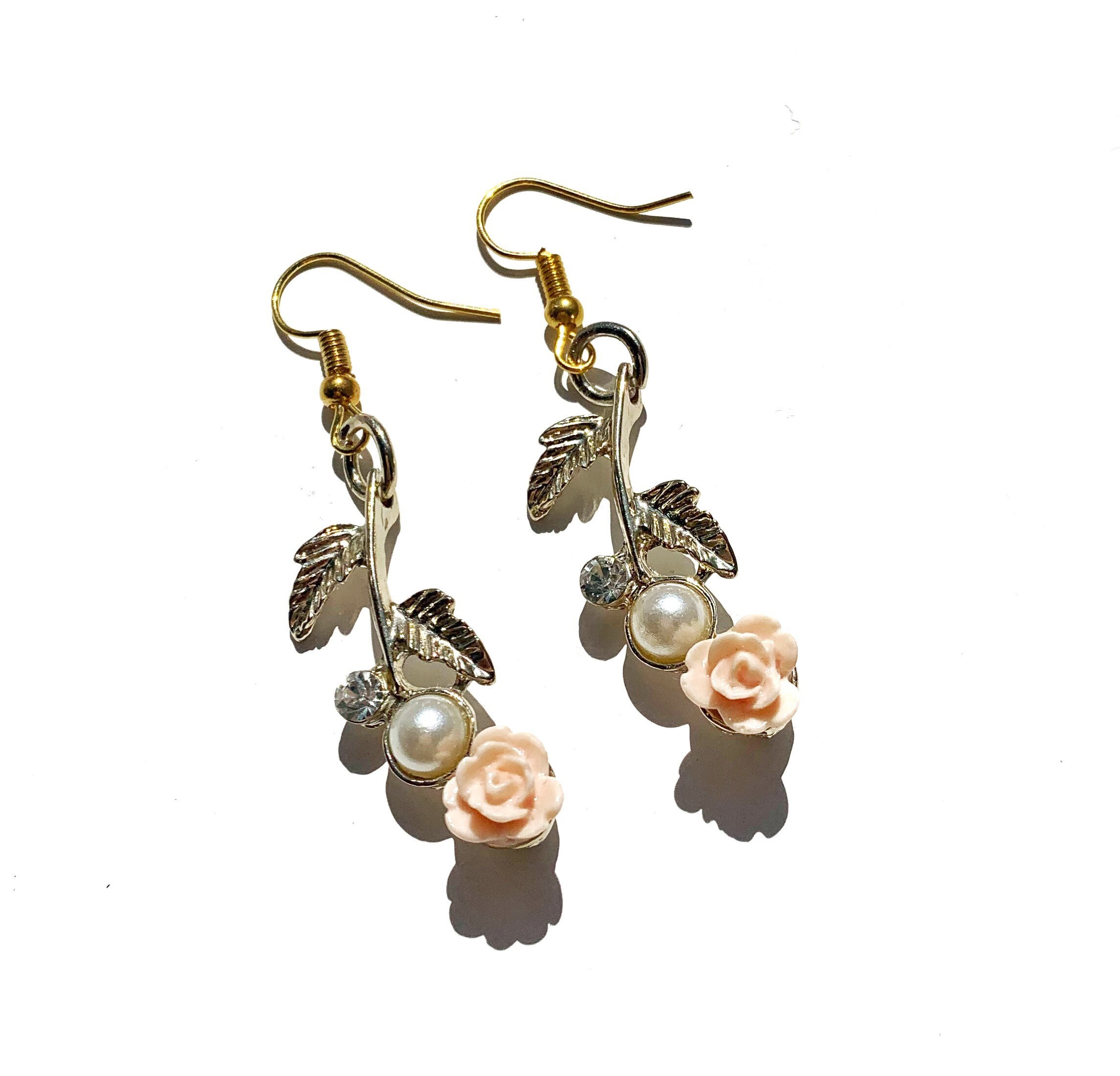 Floral dangle earrings gold flower earrings pink rose dangle Etsy