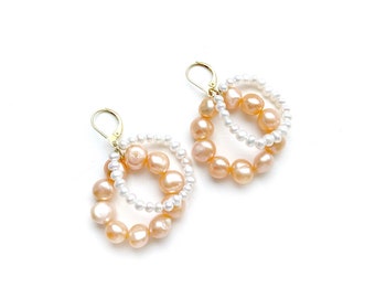 Double hoop earrings, orange and white pearl dangle earrings, large statement pearl earrings, handmade earrings pearl