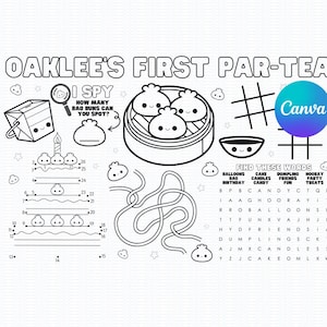 May include: A black and white printable activity sheet with the title "Oaklee's First Par-Tea". The sheet features a connect-the-dots activity, a word search, and an I Spy game. The theme of the activity sheet is a Chinese-style steamed bun, known as a bao.