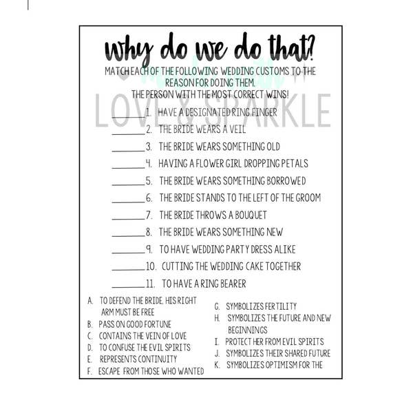 Bridal Shower Why Do We Do That – Bridal Shower Printable Games – Wedding Traditions Game – Printable Bridal Shower Game – Instant Download